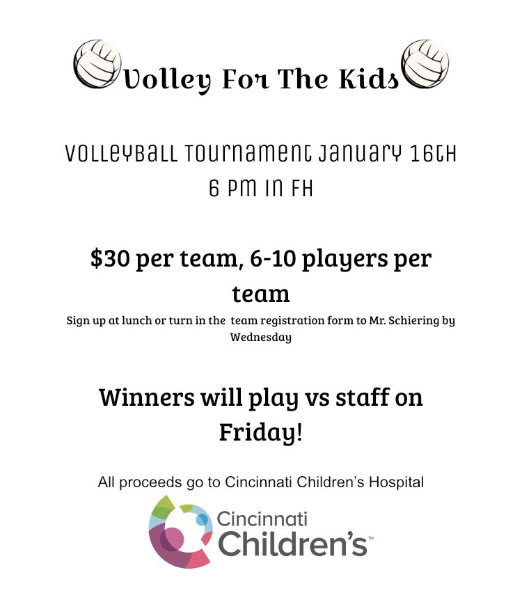 night_ec's tweet photo. It’s time for our 2nd annual Volley For The Kids Tournament🏐 Get your teams together to compete on Thursday January 16th @ 6pm. Check below and your emails for more info. Forms will be out at lunch tomo!! Good Luck😊 https://t.co/PvWdWyjuys