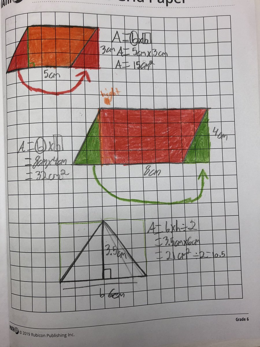 Mother2thewell's tweet photo. When you’re trying to help Ss visualize the relationship between the area of rectangles and parallelograms and a S wants to attempt to see if he can apply his understanding to triangles, you can’t help but do a happy dance! @NorthdaleCntrl #6C https://t.co/6TTjn2ptCg