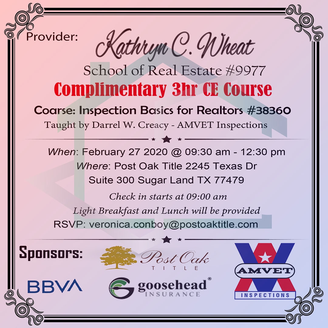 MyAmvetCo's tweet photo. Realtor friends: Mark you calendars for February 27 and join us on this next CE Class coming up taught by @CreacyDarrel Certified Master Inspector. Details in the pic, please RSVP to reserv your seat! #CEclass #GreaterHouston https://t.co/2k61dKxRY6
