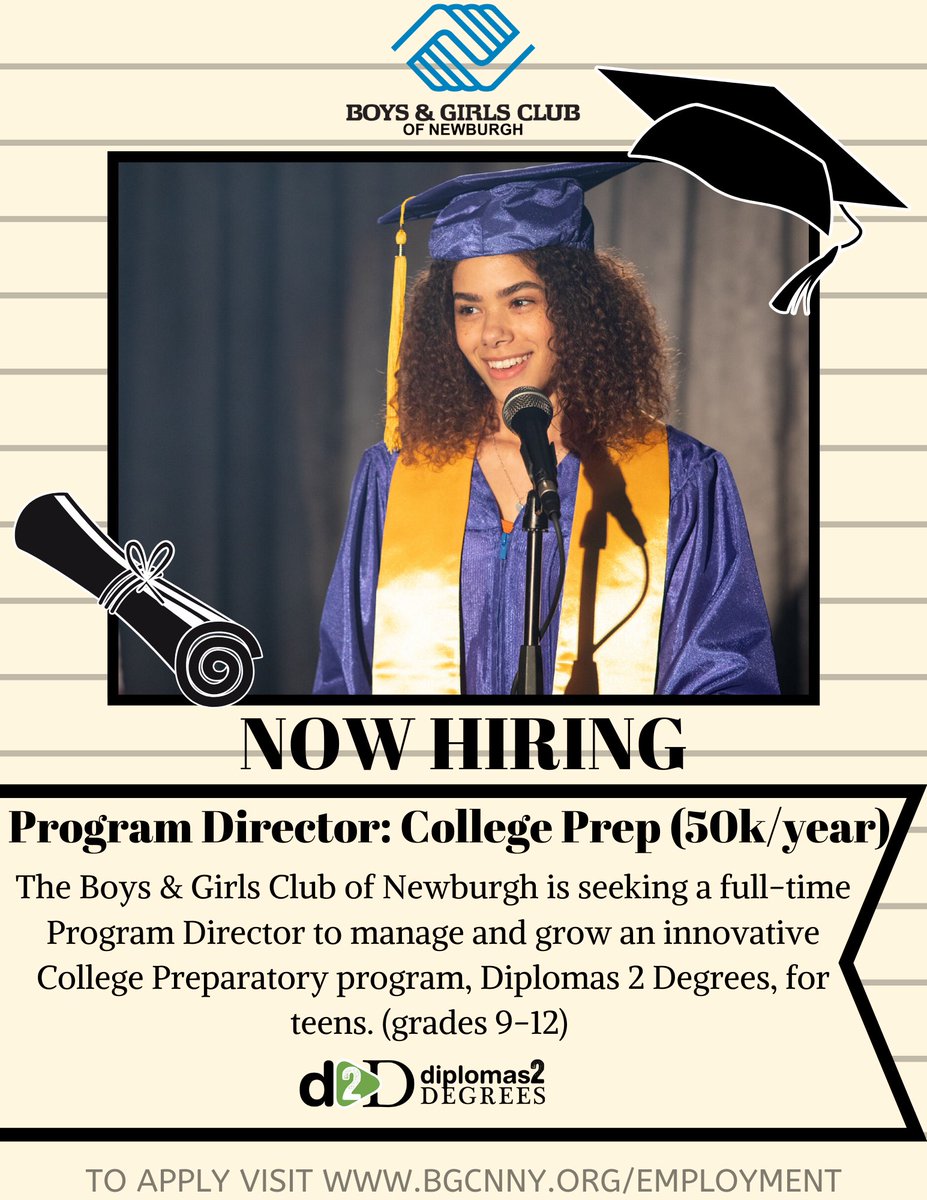 BGCPNY's tweet photo. The Boys &amp; Girls Club of Newburgh is seeking a Program Director for our College Prep Program, Diplomas 2 Degrees. See flyer for more details!

https://t.co/JllB9kAmP2 https://t.co/f7yPRiwoaI