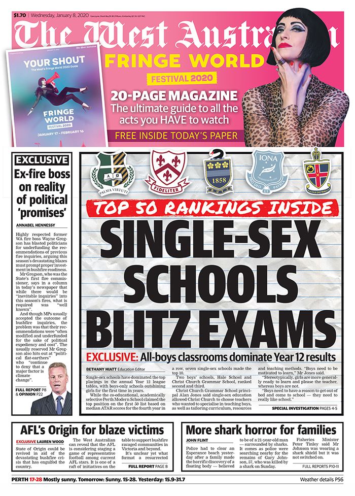 westaustralian's tweet photo. We reveal the top 50 WA schools in the annual Year 12 league tables. Also why State of Origin could be returning for a good cause and your ultimate page page guide to Fringe World. All this and more inside The West Australian. #perthnews https://t.co/frM86Ttulu