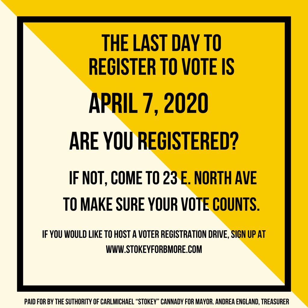 Stokeyforbmore's tweet photo. Are you registered to #vote? If not, come to 23 E. North Ave. to be sure that you can #RockTheVote If you’d like to host a #voterregistrationdrive go to https://t.co/01j2zip8JU so we can set it up. #MakeYourVoteCount #SFB2020 #IamBaltimore #GetOutToVote https://t.co/iydvvjpiKO