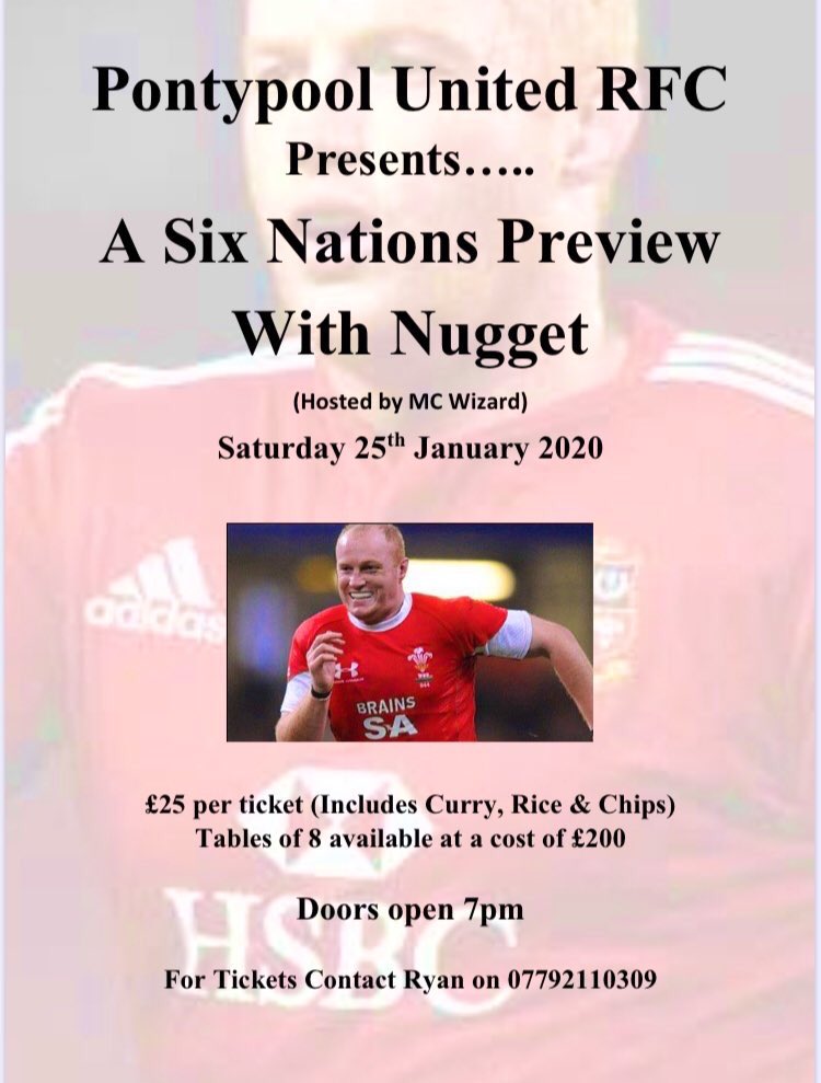 🔴⚪️⚫️SUPER SATURDAY 🔴⚪️⚫️ Saturday 25th January 📍@PontypoolUnite v @Nelsonrfc 📍@PontypoolRFC v @CarmQuinsRFC live on TV 📍Followed by ‘A six nations preview with Nugget’ Get in touch to get your tickets £25 per ticket for unreserved seats £200 reserved table of 8.