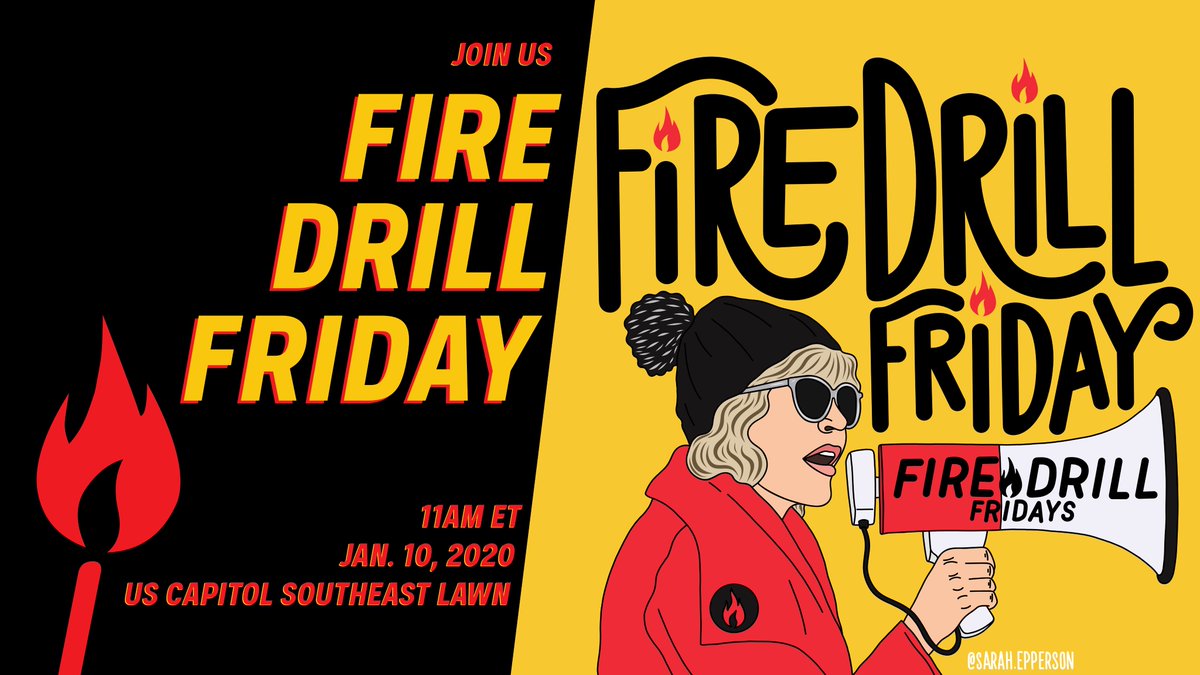 A banner split in two halves. On the left is info about Fire Drill Friday on January 10th at 11 
in the morning at the United States Capitol Southeast Lawn. On the right is artwork with an illustrating depicting Jane Fonda wearing a red coat and holding a megaphone with Fire Drill Fridays written on it. The background is yellow.