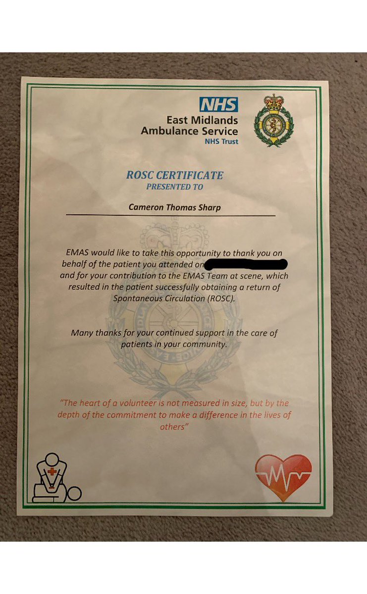 Camsharp's tweet image. V proud tonight to be given a ROSC certificate for a cardiac arrest I attended late last year. I was off duty at the time &amp;amp; alerted by @GoodSamApp. It was a privilege to work alongside @TamsinTweeting, @EMASNHSTrust crews and helimed team to achieve a positive outcome at a scene.