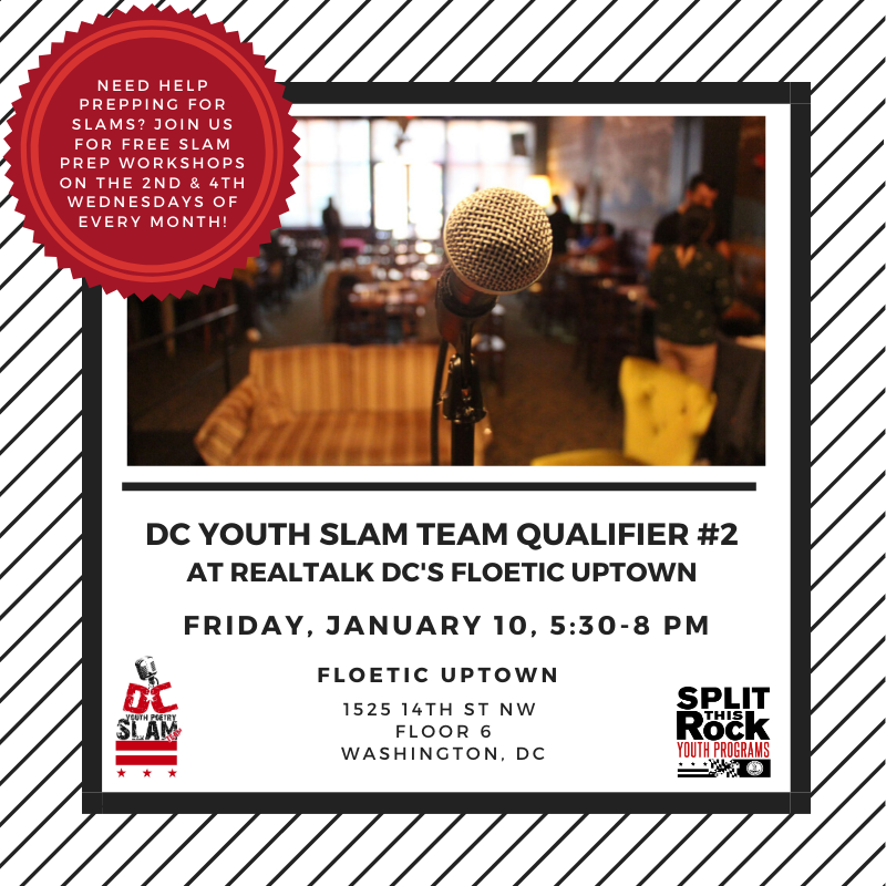DCyouthSlam's tweet image. Want to be a member of the DC Youth Slam Team? The next qualifying slam will take plan on Friday, January 10, 5:30-8 pm at RealTalk DC’s Floetic Uptown (1525 14th St NW, Floor 6, Washington, DC). More details: bit.ly/39LVoXp 
#DCopenmic #DCpoetry #DCslampoets #SlamPoets