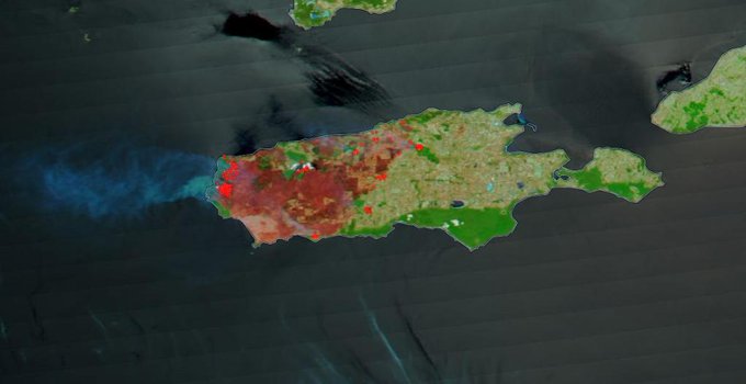 These images taken by the Terra satellite and enhanced by using correction reflectance bands on the MODIS (Moderation Resolution Imaging Spectroradiometer) highlight in brighter colors the areas on Kangaroo Island that have been burned by the bushfires in late December 2019 and early January 2020.