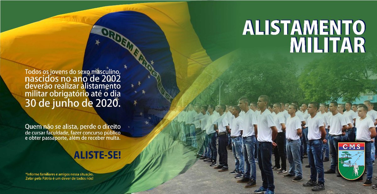 CmdoCMS's tweet image. O Alistamento Militar para os jovens, do sexo masculino, nascidos no ano de 2002, já começou! É muito fácil e pode ser feito pela internet. Acesse bit.ly/2FEMYU5 #serviçomilitar #3rm #5rm Exército Brasileiro