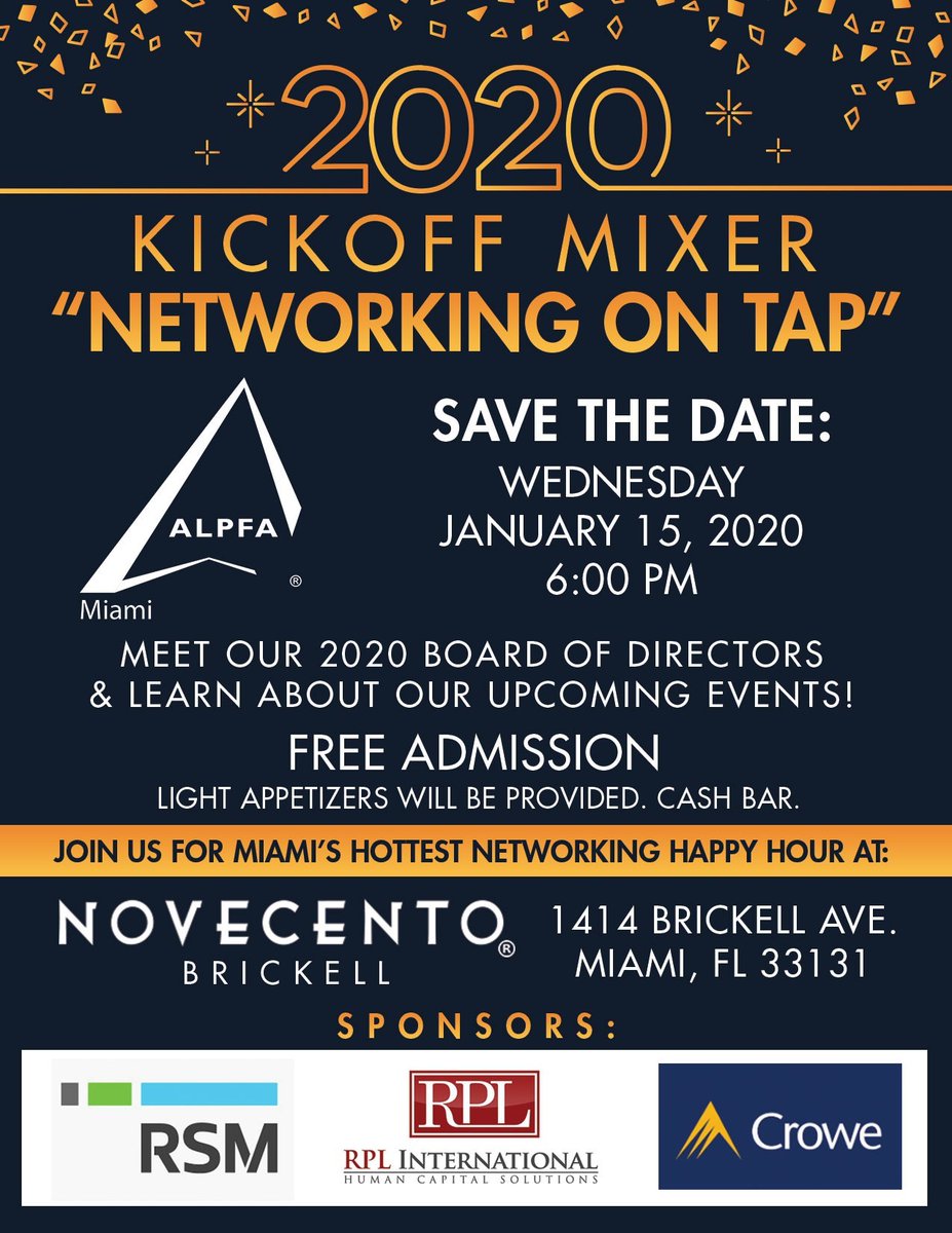 ALPFAMiami's tweet photo. Here we go #alpfamilia We are kicking off 2020 with our Networking on Tap event Novecento in Brickell. This event is free all. Come and meet our 2020 board of directors. #alpfa #miami #networking #miamiprofessionals #brickell #drinks #fun #events https://t.co/D3ysqDOSpS