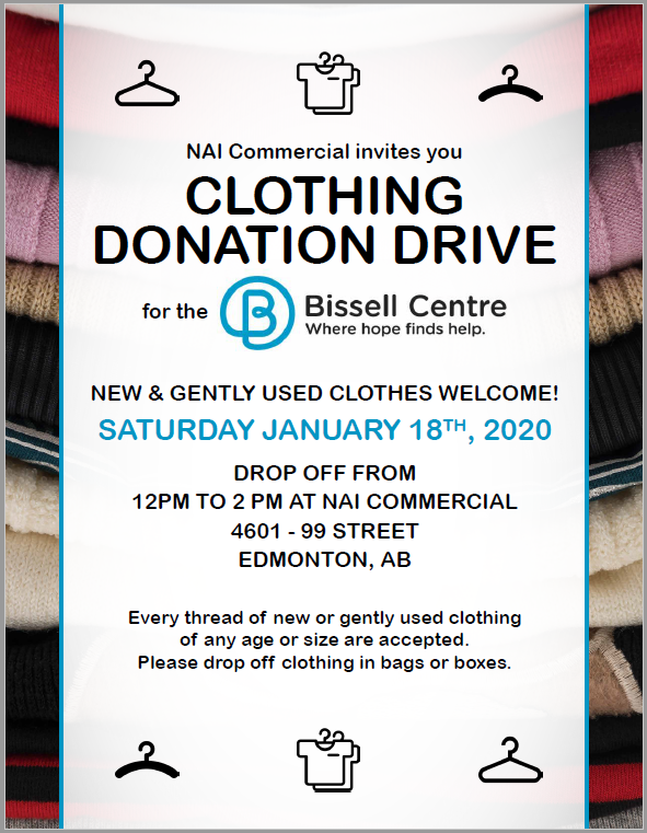 We’re hosting a clothing drive in support of the Bissell Centre on Saturday, January 18th from 12:00 – 2:00 at our office (4601-99 Street). It’s going to be a cold January, so anything we donate will be greatly appreciated by those less fortunate.

#yeg #edmonton #clothingdrive