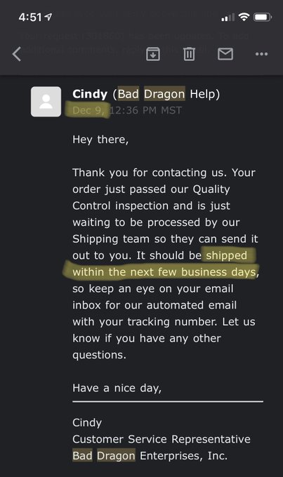 STILL haven&rsquo;t received my @bad_dragon order placed 9/30. On 12/9 they said shipping in &ldquo;a few business<a class="tags" href="/tag/bad_dragon">@bad_dragon</a><a href="/tag/baddragon"class="tags"><span>#baddragon</span></a>