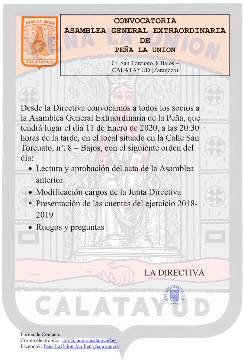 Este sábado 11 de enero de 2020 tendremos nuestra asamblea general. Será en la sede a las 20:30.