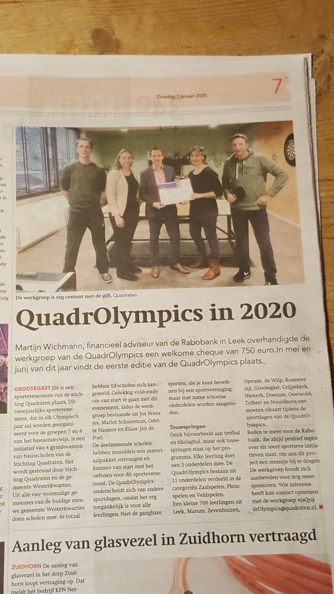 QuadrOlympics is een sportief initiatief van de werkgroep van vier sportieve medewerkers van Quadraten. #rabobank leek sponsort de activiteit in het olympisch jaar met een bijdrage van € 750. 19 scholen gaan de sportieve strijd aan in drie categorieën. Zaal-, plein- en veldspel.