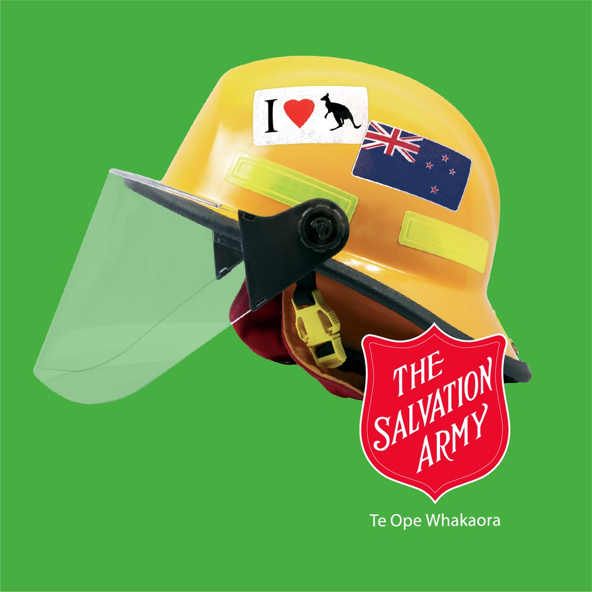 Photo of a fireman's helmet with Salvation Army logo.