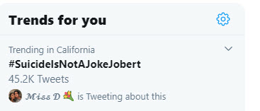 stephjoon7's tweet photo. Trending in CALIFORNIA 

Full force JaDines on sending a message that Suicide IS NOT A JOKE!  

Keep on tweeting and file a complaint now. 

#SuicideIsNotAJokeJobert https://t.co/mMMcUyuixb
