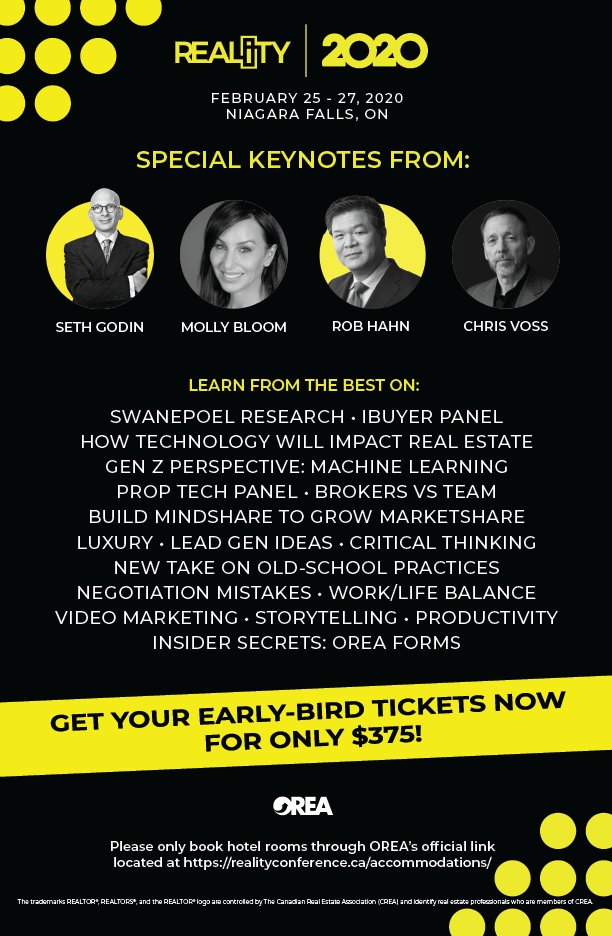 Have you heard? Canada's most forward-thinking #realestate conference #REALiTY2020 is happening next month in Niagara Falls! Did you get your tickets yet?

Hurry. Don't miss the early bird prices. Register now: realityconference.ca/#register