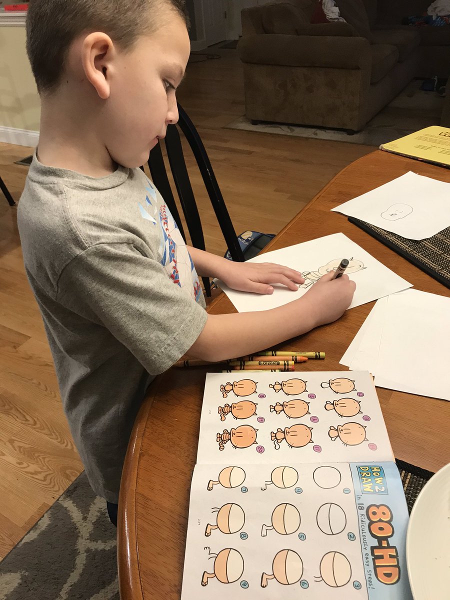 RLMReading's tweet photo. When big bro’s book enjoyment (obsession?) inspires little bro to select a Dog Man book from the school library today, and then #davpilkey inspires the little bro to illustrate his characters. #DogManfans #lifewithbooks @Scholastic https://t.co/nb5XLleTwF