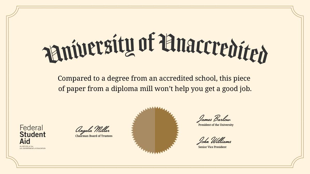 FAFSA's tweet photo. About to fill out your FAFSA form? Remember not all degrees are created equal. Make sure you’re eligible for financial aid at a legitimate college or trade school by checking their accreditation here: https://t.co/U28TS6Njbt https://t.co/OzW34a6h4Y