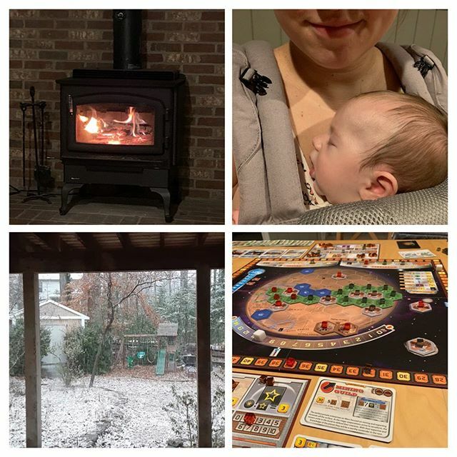 CarissaSurber's tweet photo. Snow outside + cozy fire + sleeping baby + board gaming = a perfect moment 😍 https://t.co/XyCJsAjHgO https://t.co/nnzk3IKnFm
