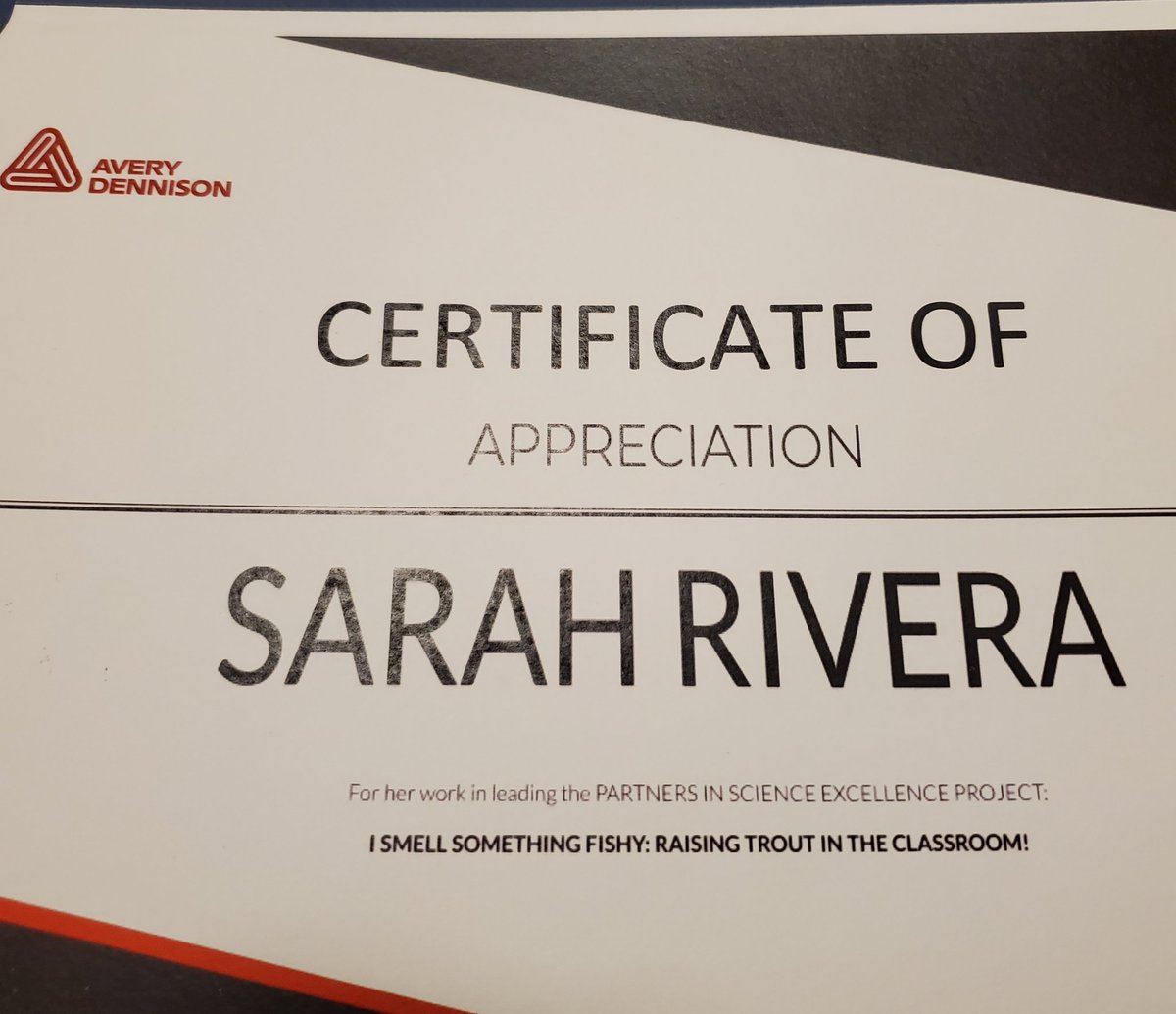 Sarah Rivera receives Avery Dennison PSE grant this evening.  Great job!