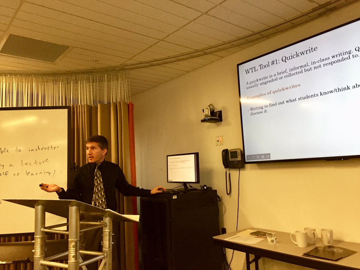 SaraAmaniPhD's tweet photo. Dr. Dan Melzer facilitated an excellent #SpringWritingInstitute at #ArizonaWestern. In particular, he made an assertion about writing and content as one, and demonstrated three #WritingToLearn tools of #QuickWrite, #Journals, and #Microthemes. #StudentsFirst #WritingIntensive https://t.co/1G1CAMpCkE