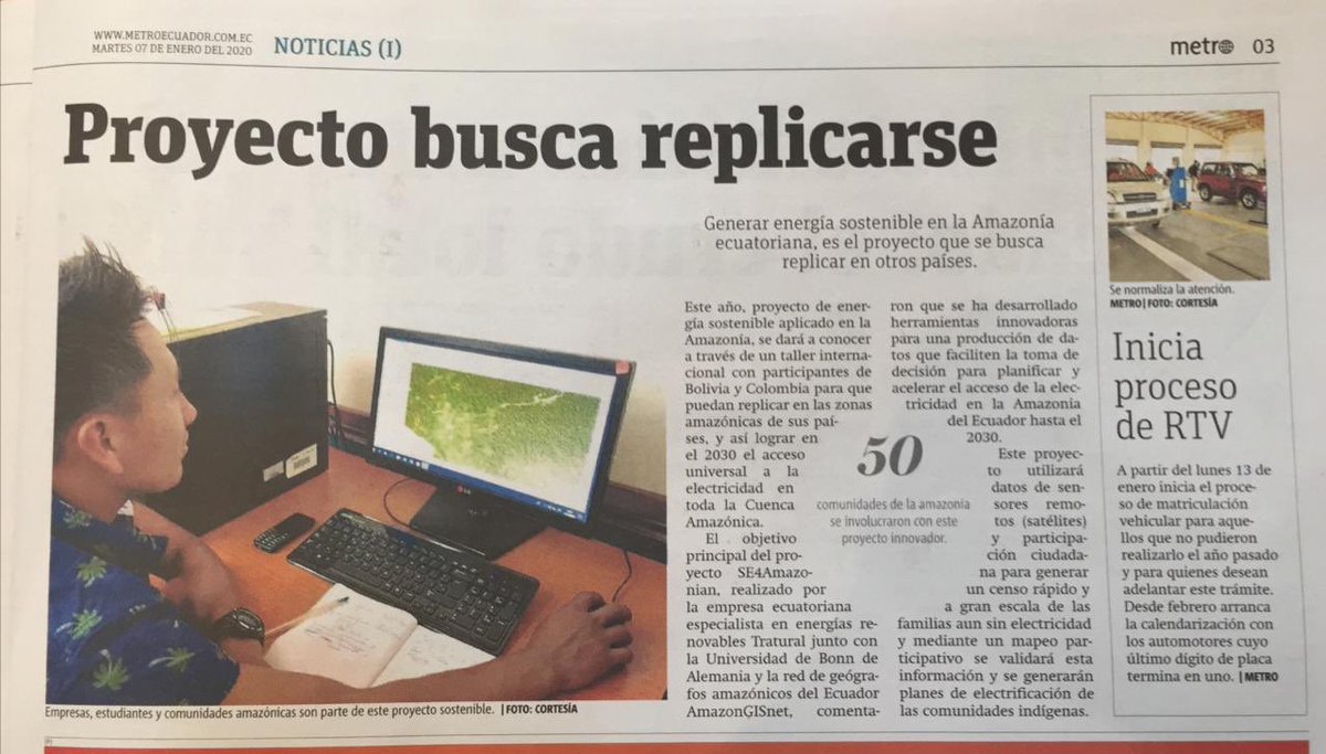 SE4Amazonian's tweet photo. Gracias @MetroEcuador y @AraujoAdela por la publicación. 
...
"Generar energía sostenible en la Amazonía ecuatoriana, es el proyecto que se busca replicar en otros países". 
@UniBonn @ZFLbonn https://t.co/acj46P9znR