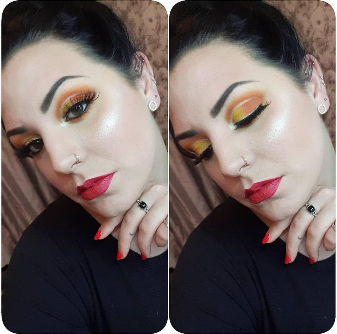 Daniell66617515's tweet photo. Playing with bright colours tonight on my sister 🧡💛 featuring #conspiracypallette @JeffreeStar @shanedawson using Cheeto dust , diet cola, food videos and even a sneaky #bluebloodpalette cullinan! Also that glow 😍 #Revolution #revolutionhighlight https://t.co/b0y4UvcayC