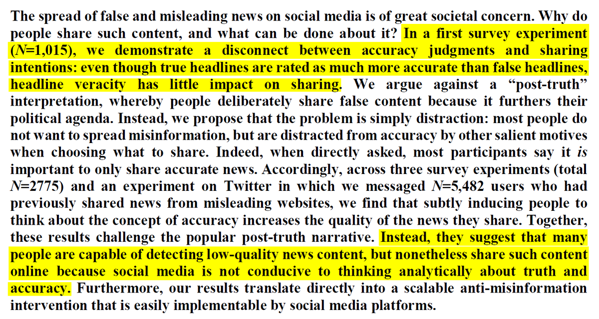 Research showing a disconnect between accuracy judgments vs sharing intentions. Many people are capable of detecting inaccurate news content, but share it anyway b/c social media is not conducive to thinking analytically about truth & accuracy psyarxiv.com/3n9u8/