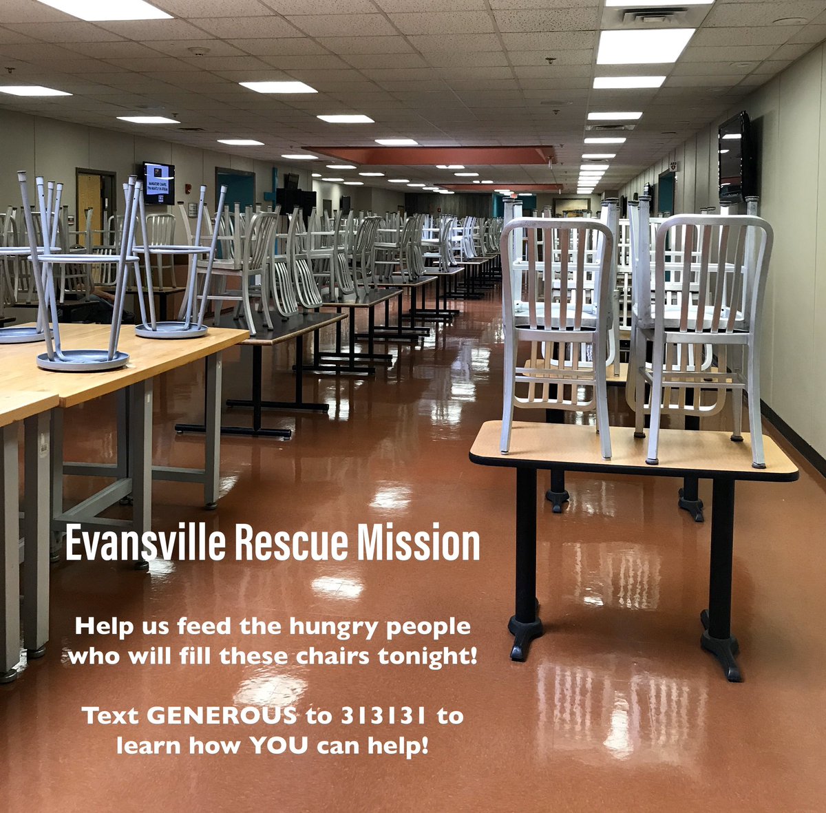 Your <a href="/EvansvilleRM/">EVV Rescue Mission</a> provided close to 300,000 meals in 2019! The number will be even greater this year. Please text GENEROUS to 313131 to help feed hungry people in Evansville! Thanks so much!!!

Tracy L. Gorman
President / CEO

EvansvilleRescueMission.org