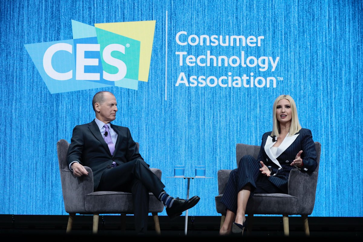 CES's tweet image. .@IvankaTrump joined @GaryShapiro at #CES2020 for a fireside chat today about the future of work and how the administration is developing a national workforce strategy 

"We want to celebrate the other pathways for work that exist that don't require a bachelor's degree"