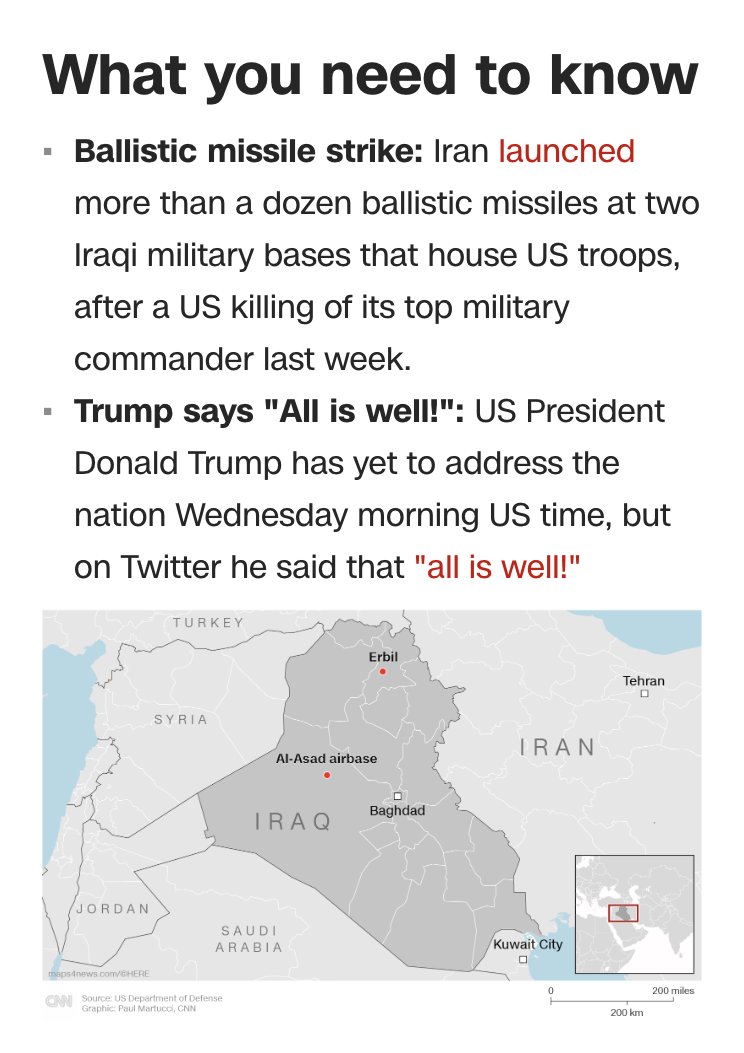 CNN's tweet photo. Iran launched a ballistic missile attack at two Iraqi bases which house US troops early on Wednesday, in response to the US killing of top Iranian General Qasem Soleimani last week. Follow live updates: https://t.co/3EhaxunERQ https://t.co/vx5SPrQzCx