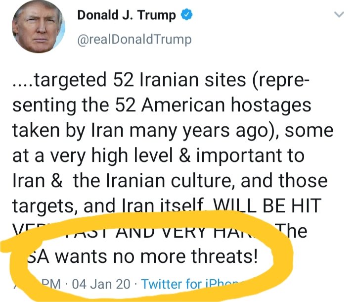 husam_08's tweet photo. @realDonaldTrump NO MORE THREATS !!!!!  check the news then and start counting. https://t.co/csX8oSbEdE