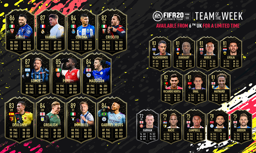 EASPORTSFC's tweet photo. #TOTW 1⃣7⃣. Featuring @raphaelvarane, @gabrieljesus33, @ciroimmobile &amp; Pepe!

Available in-packs at 6PM ⏰ UK. #FUT20 https://t.co/YaiozXJySq