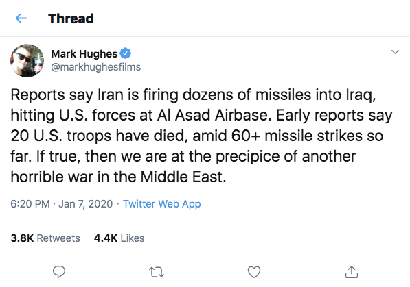 CalebJHull's tweet photo. Over 50,000 tweets already claiming that 20 U.S. soldiers were killed by Iran. That is verified NO WHERE and from what I can tell a completely made up fact that originated with a blue check named Mark Hughes chasing RTs.

Stop sharing unverified reports. https://t.co/H9gIYyhw9v