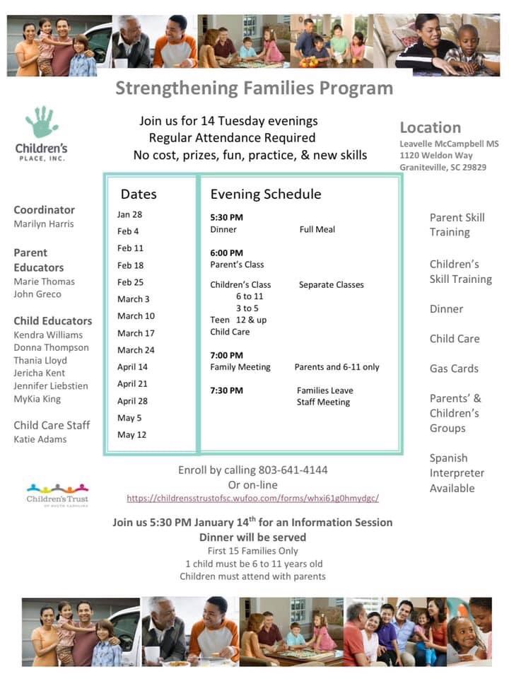 Have you heard of Children’s Place’s Strengthening Families Program? It is open to anyone and offers dinner, prizes, and more and is FREE.  Please help spread the word.
