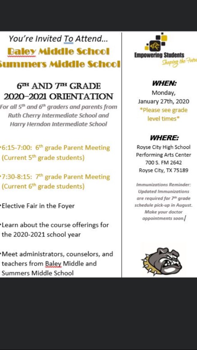 Attention Future 6th AND 7th. Grade students from Cherry! 6th. &amp; 7th. grade Middle School Orientation Information Night is January 27th.! Please see flyer for grade level times. Hope to see you there! <a href="/ruthcherryint/">Ruth Cherry Interm.</a> <a href="/OBMSbulldogs/">OBMS</a>