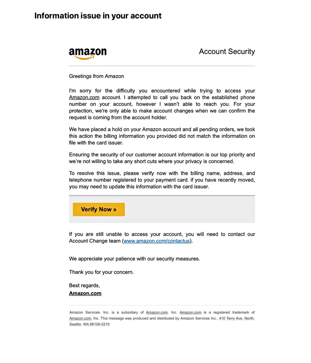 GabrielleOrlita's tweet photo. Dear @HamillHimself and all Dear Hamsters, this is a FAKE email 👇. I've called Amazon and verified -they received many calls re.: it today. It is FAKE and DO NOT PRESS on"VERIFY NOW"!!!It's a SCAM!!! #FakeForm #ScumScam 🚨
Pls let others know. @HamillSkywalkr @Manu_Pan86 https://t.co/LY6nfEWWeQ