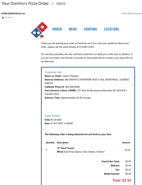 Sad day that someone in Montreal hacked my <a href="/dominos/">Domino's Pizza</a> acct and stole my free "Piece of the Pie" pizza that I had accumulated. They even changed my phone number so I didn't notice it until now.... Hope they liked it...  but it looks like a pretty boring pie....