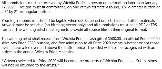 WichitaPride's tweet photo. 📢 Calling all local artists 📢

Wichita Pride is now looking for artists to design our button for Pride 2020! The theme is “Be Seen in 2020.”

See attached pics for rules and previous artwork https://t.co/R7XwxnHLdq