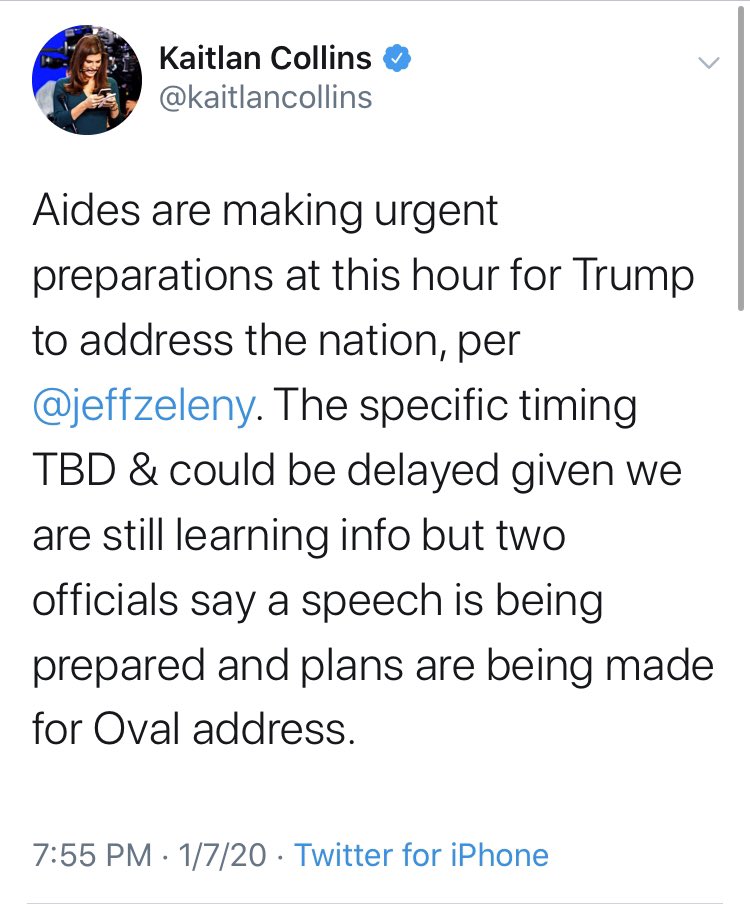 An hour ago, "sources" told CNN's Collins that Trump will give an address tonight following Iran's strike on a military installation in Iraq. Half hour ago, the WH said on the record that there is no speech tonight. Safe bet guess flopped. Oy!