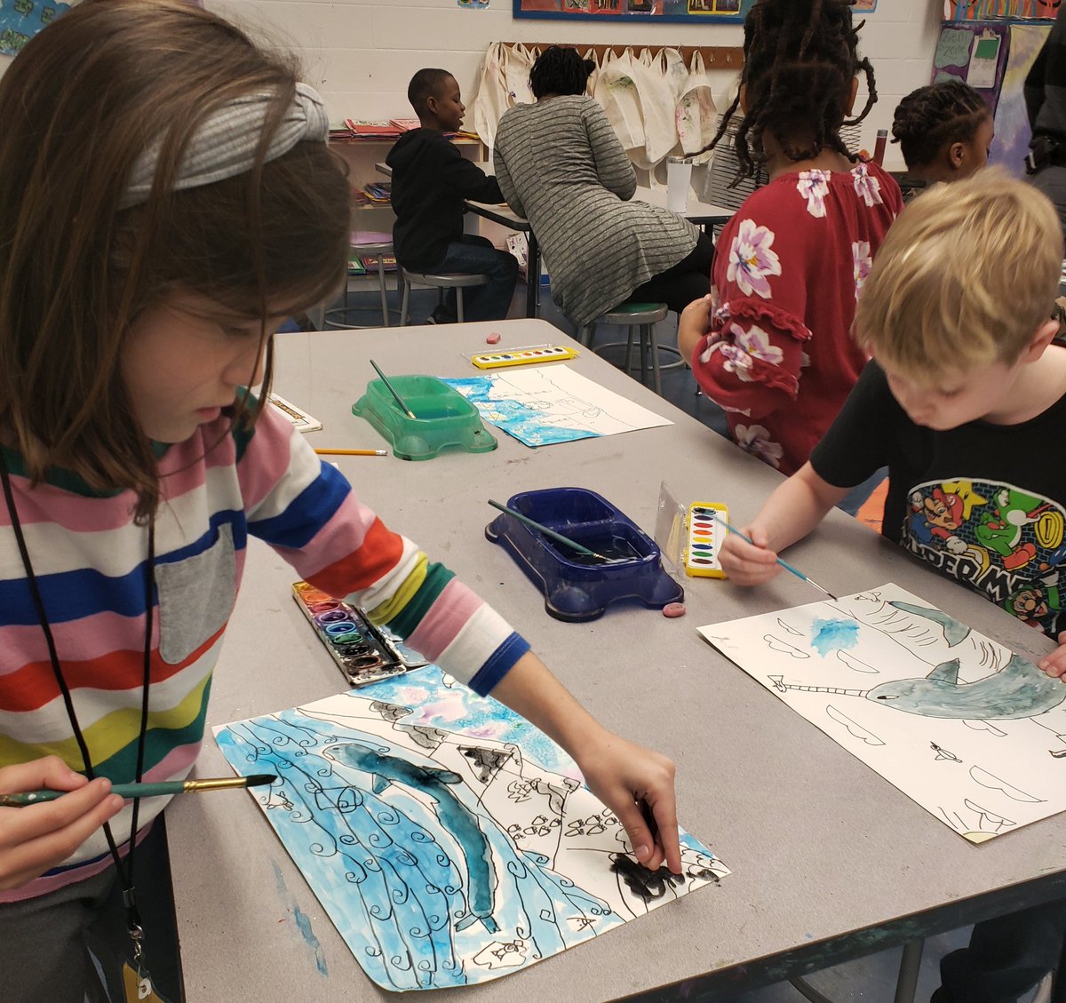 FrickeDina's tweet photo. First snow fall of 2020! Perfect day for 2nd graders to draw &amp; paint arctic animals! Great work @LilyBrookman! Personally, I loved the narwhal! https://t.co/2FQnlm6Qam