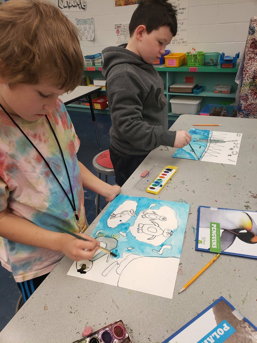 FrickeDina's tweet photo. First snow fall of 2020! Perfect day for 2nd graders to draw &amp; paint arctic animals! Great work @LilyBrookman! Personally, I loved the narwhal! https://t.co/2FQnlm6Qam