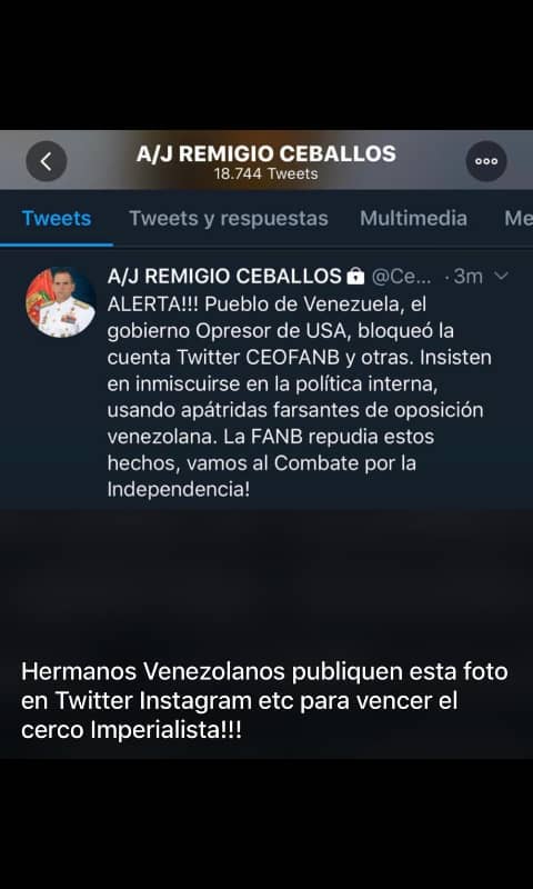 #URGENTE Por instrucciones del imperio, bloquean cuenta Twitter  CEOFANB. Acto desesperado por evitar se conozca la verdad de #Venezuela
@CeballosIchaso 
@Mippcivzla 
@ConElMazoDando 
@EjercitoFANB 
@ArmadaFANB 
@AviacionFANB