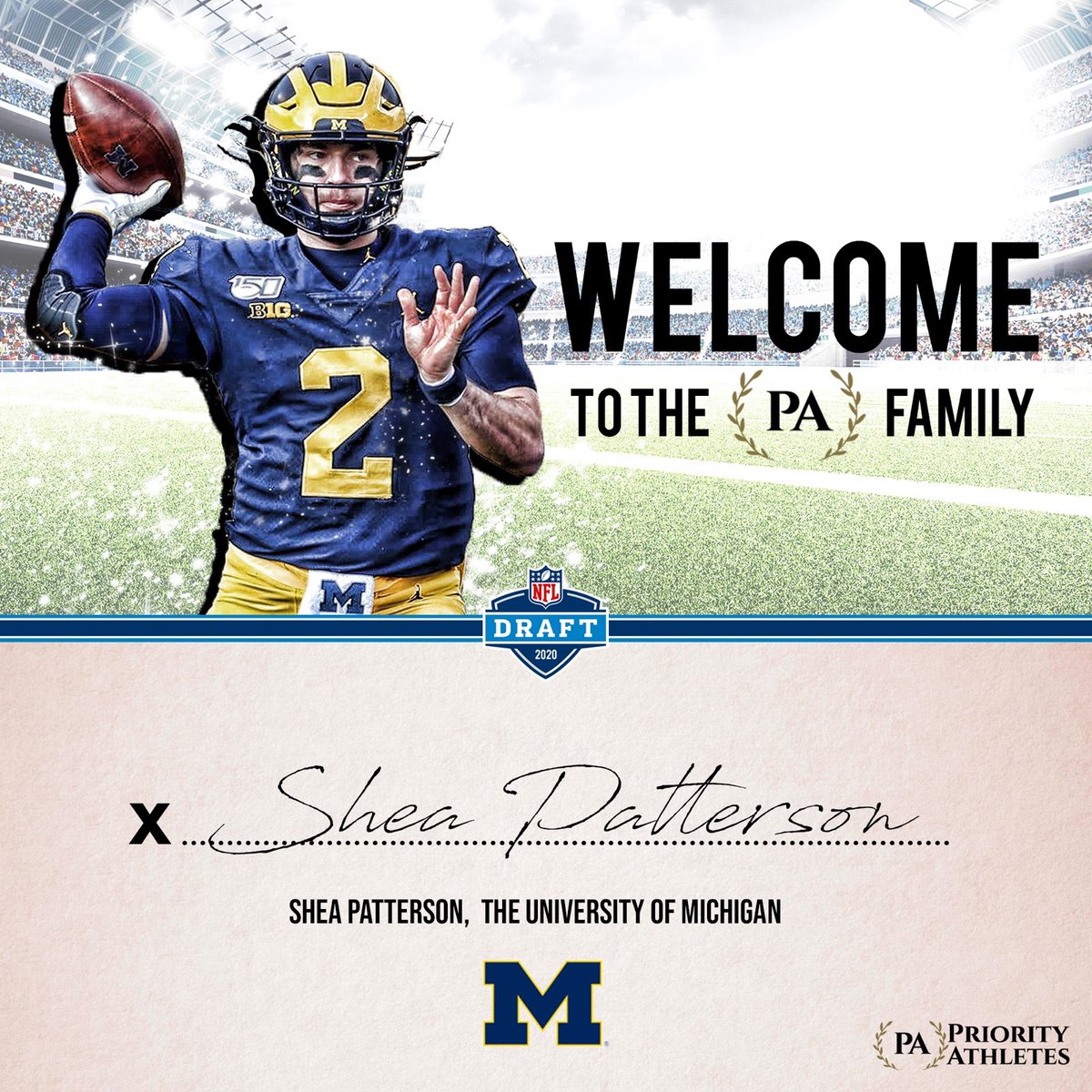GenSportsGroup's tweet photo. We’re Excited to Welcome Record Breaking Quarterback from @MichiganFootball @SheaPatterson_1  to the #PAFam ‼️ #GoBlue #NFL #NFLDraft #2020 #Family https://t.co/PBGHUZF9IW