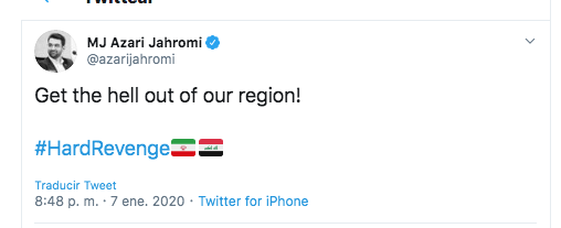 CNNEE's tweet photo. Este fue el mensaje que un ministro iraní publicó en Twitter tras los ataques a bases en Iraq
https://t.co/XlY5JLvj3j https://t.co/9Sw0QdZPWv