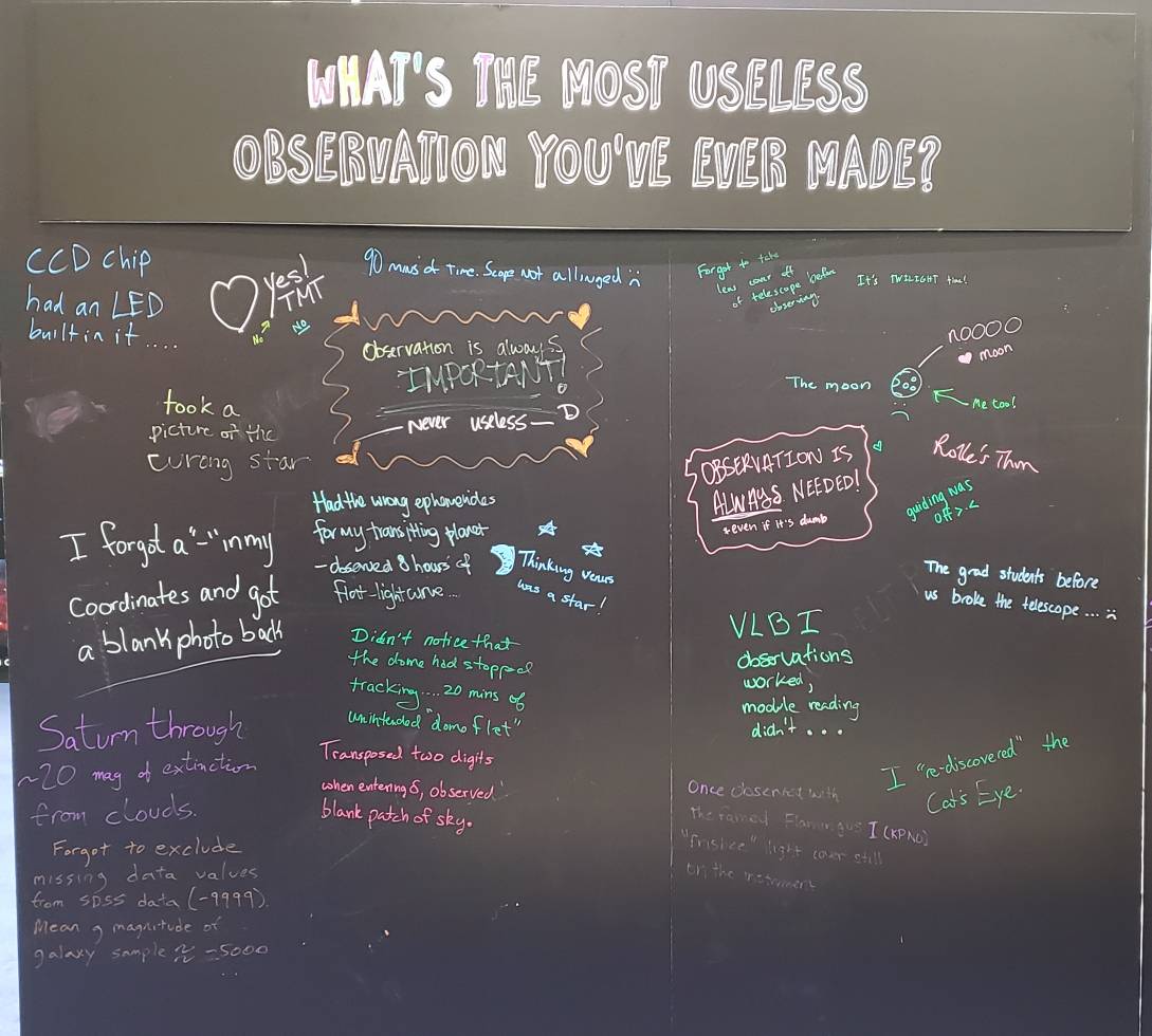 NOIRLabAstro's tweet photo. Correction! Some of you may have noticed that the NSF question wall was a little off in the previously posted picture. Here are the real answers for most useless observation and what astronomy will be studying 50 years from now.  #aas235 #NSFastronomy #discovertogether https://t.co/3rsZ1WOMIh