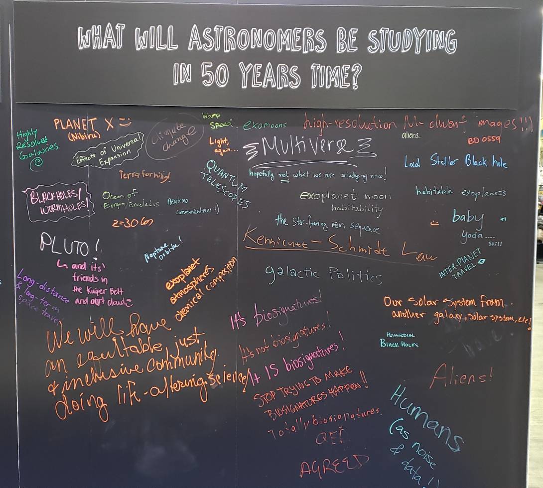 NOIRLabAstro's tweet photo. Correction! Some of you may have noticed that the NSF question wall was a little off in the previously posted picture. Here are the real answers for most useless observation and what astronomy will be studying 50 years from now.  #aas235 #NSFastronomy #discovertogether https://t.co/3rsZ1WOMIh