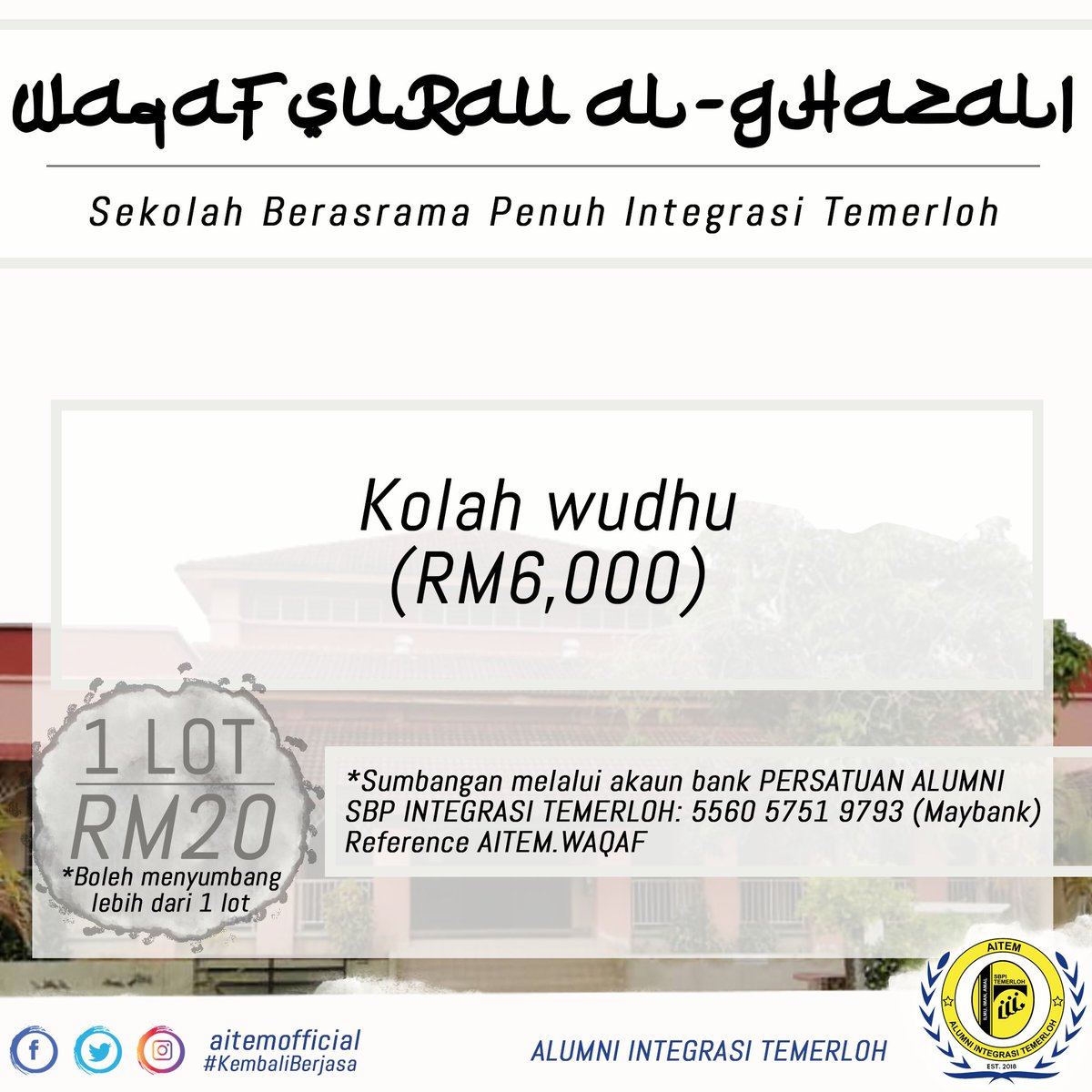 Aitemofficial's tweet photo. #infoAITEM
PROJEK WAQAF SURAU AL-GHAZALI SBPIT, kerjasama SBPIT-PIBG-AITEM.
🔥AITEM telah merancang untuk fokus kepada pembinaan Kolah wudhuk & menyeru semua alumni yang ingin menyumbang bagi projek Waqaf ini melalui akaun rasmi AITEM.
#aitem #sbpit #KembaliBerjasa #alumniINSOFT https://t.co/eIlhfWM8gJ