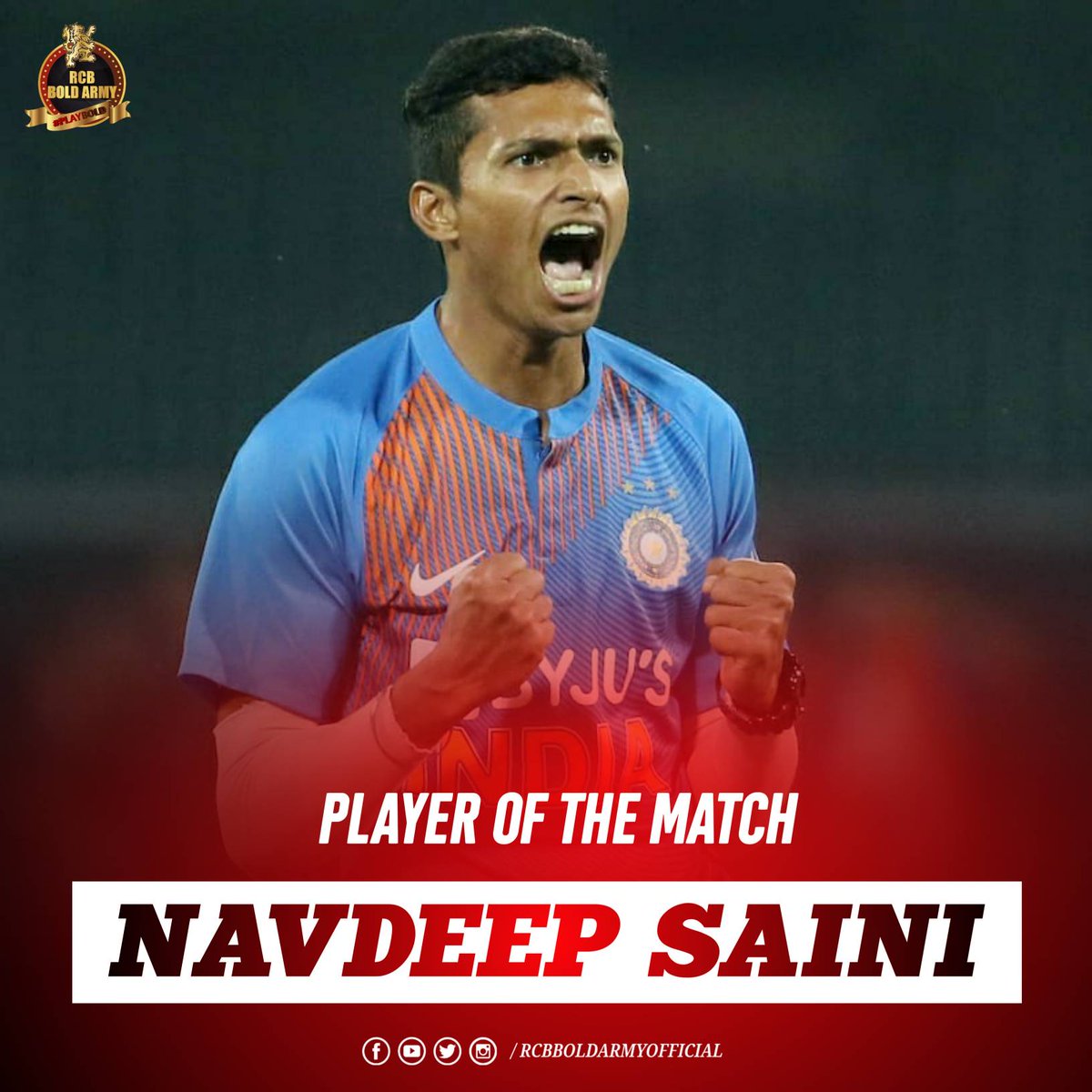 rcbboldarmy's tweet photo. Navdeep Saini's Bold performance earned him player of the match in 2nd T20I against Sri Lanka. https://t.co/OTsbgBl5iC