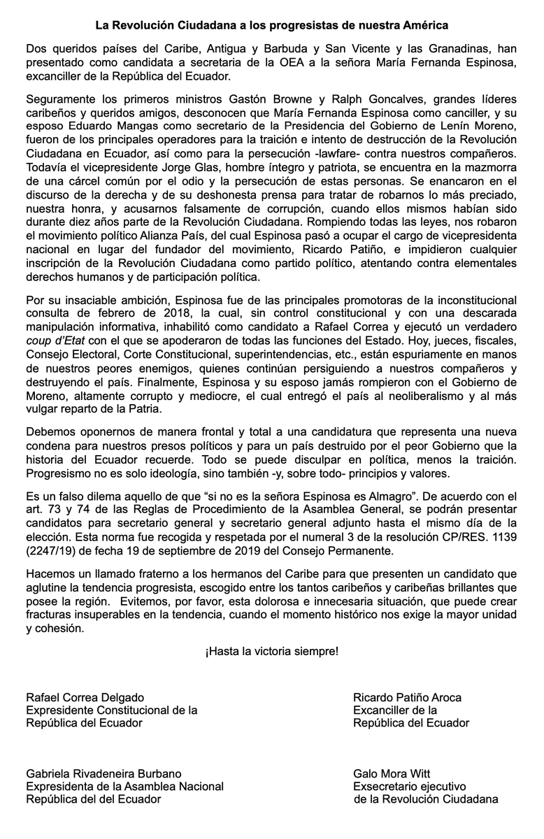 MashiRafael's tweet photo. La Revolución Ciudadana a los progresistas de nuestra América, ante la próxima elección de secretario general de la OEA.  #NiAlmagroNiEspinosa https://t.co/jWM4jjDUX9 https://t.co/FjAZsaJ1aU